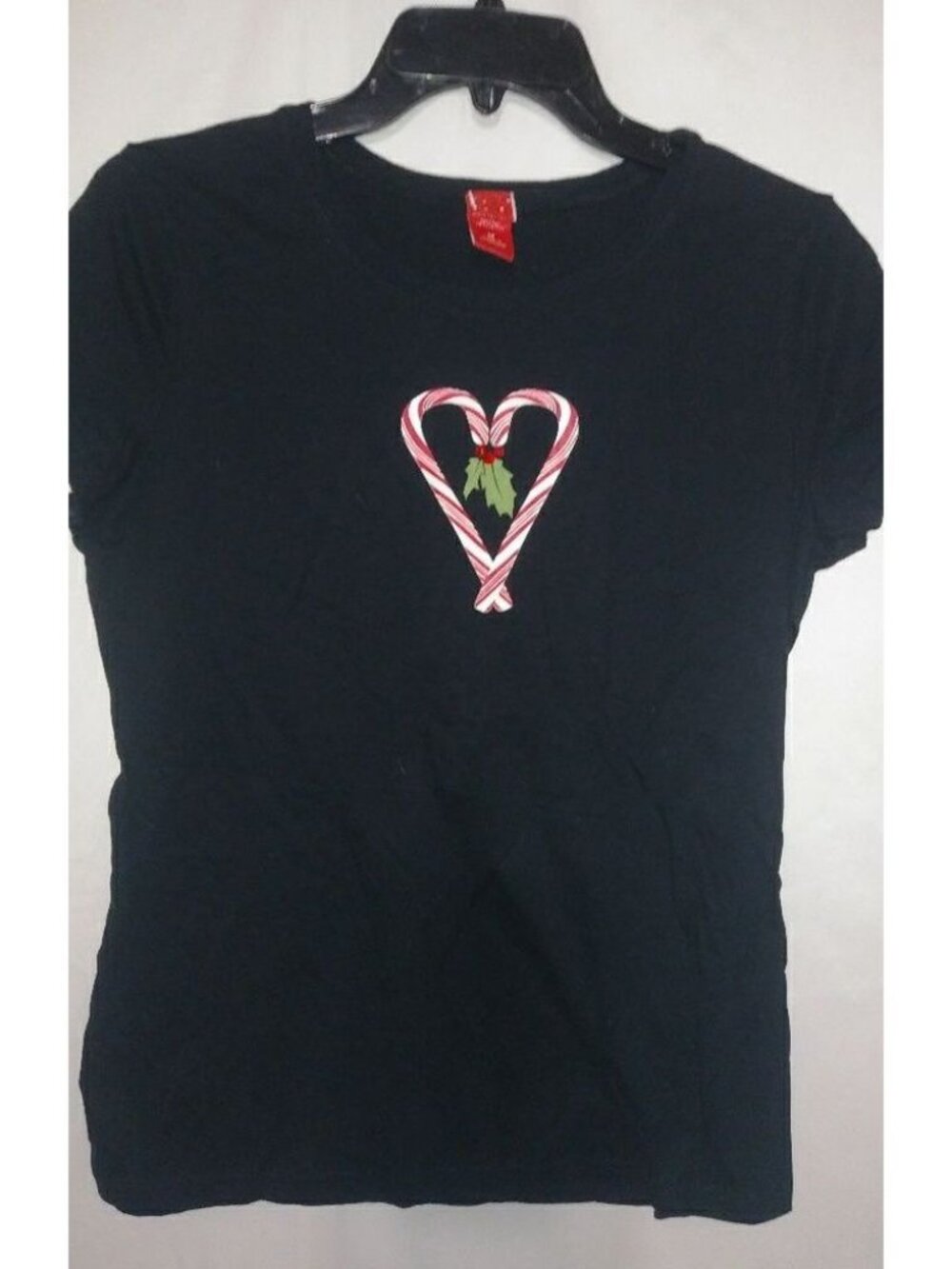 Ugly Christmas M Cute Candy Cane Holly Heart Xmas Top in Black